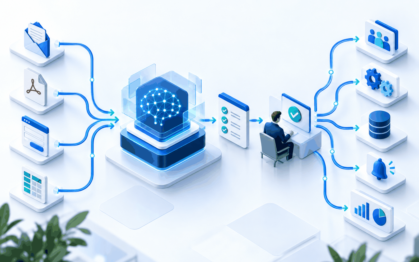 Connected AI workflow moving documents and requests through validation, human approval and business systems