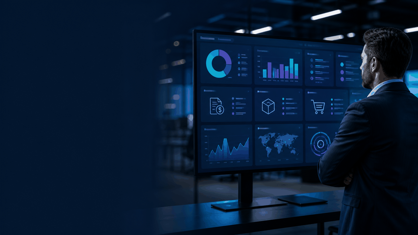 Business manager reviewing ERP dashboard