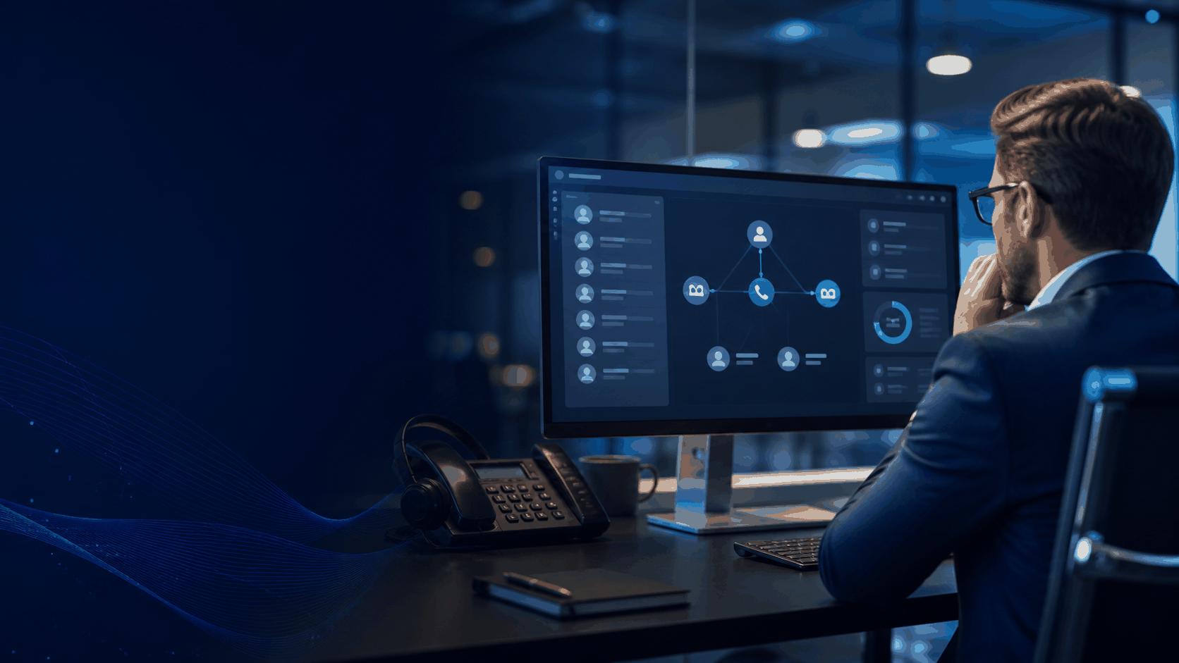 Business professional using PBX and CRM integration dashboard